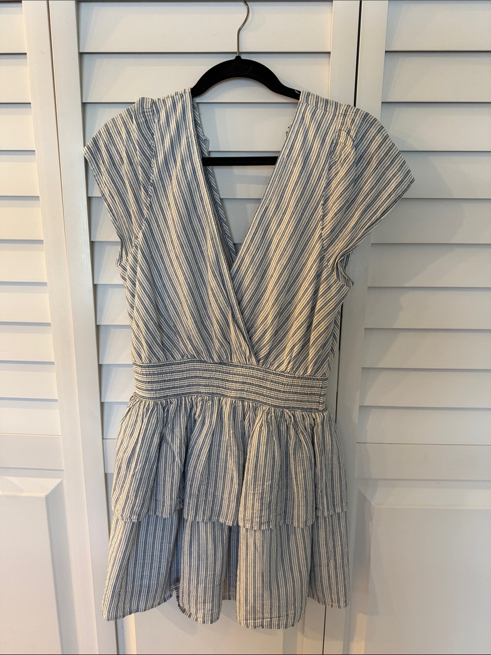 American Eagle Outfitters Blue and White Striped V-Neck Tiered Mini Dress